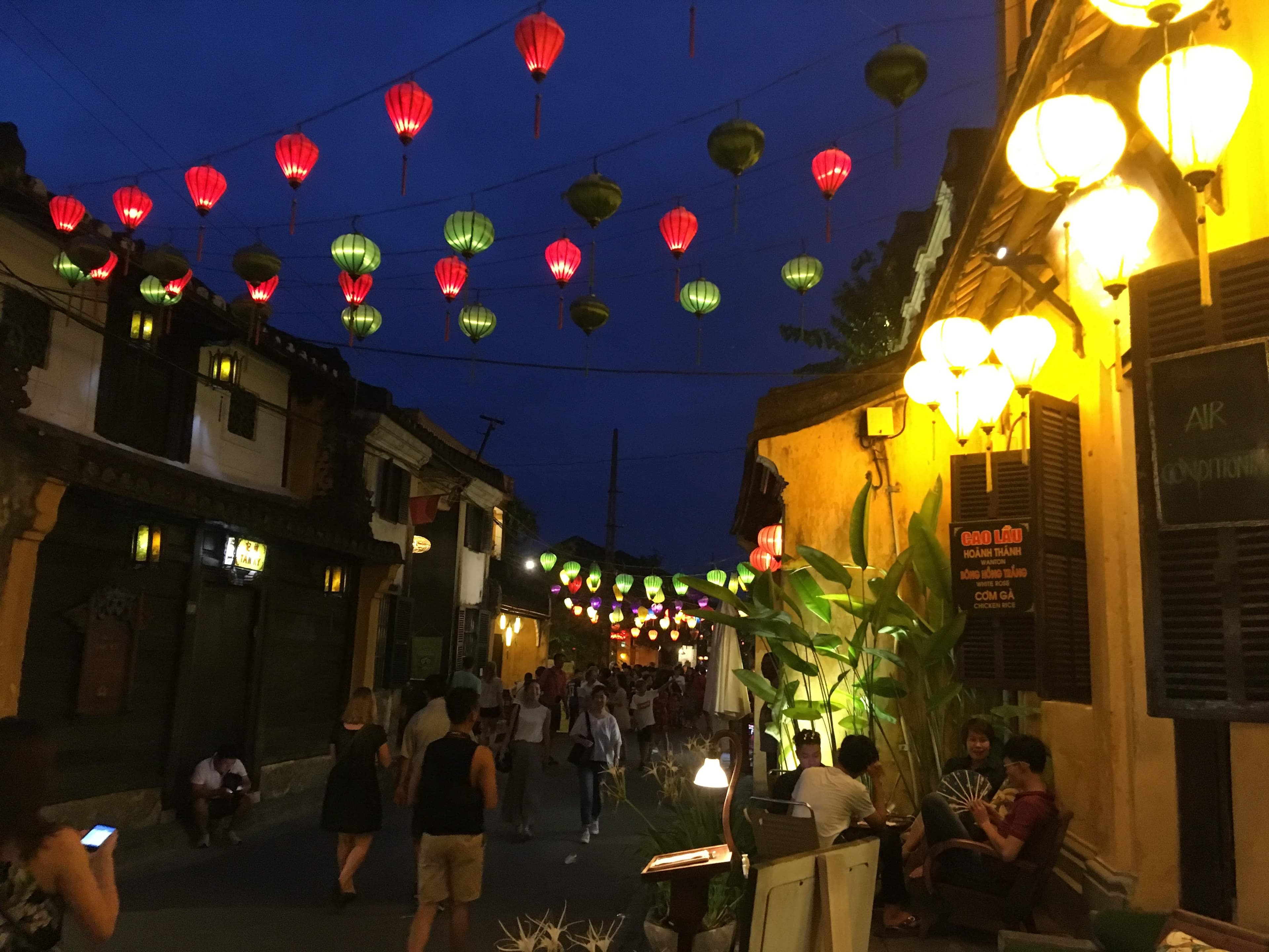 Silk lanterns lighting a street in Hoi An Old Town at night
